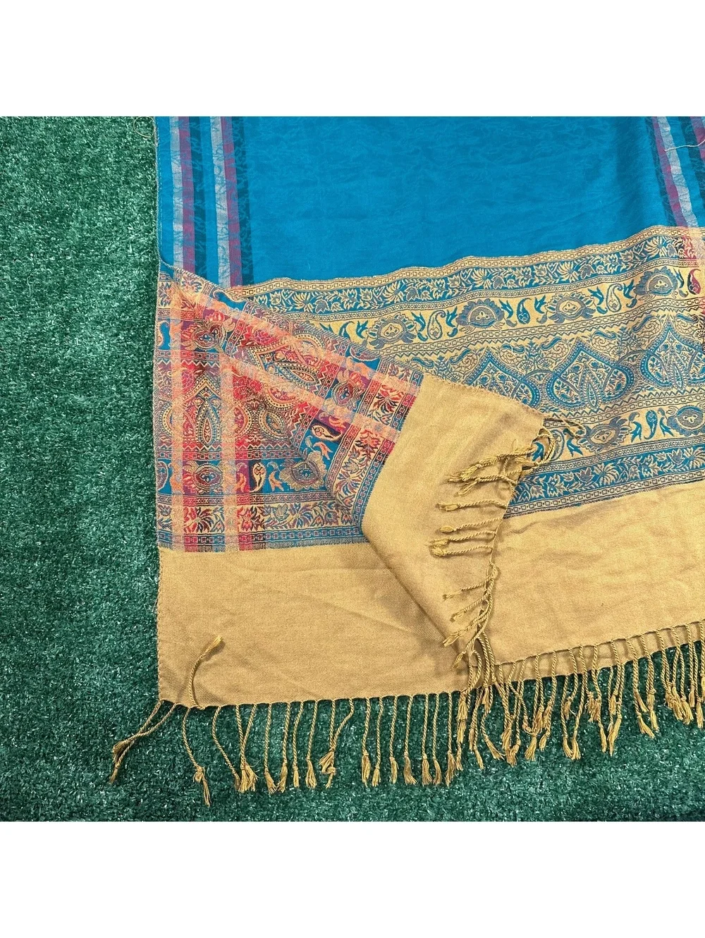 vibrant teal and mustard-gold woven pashmina shawl